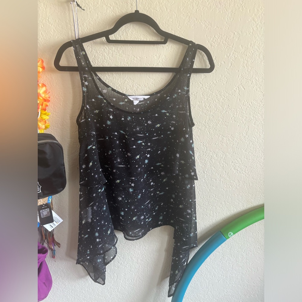 BCBG XS Flowy Layered Chiffon High Low Outer Space Tank